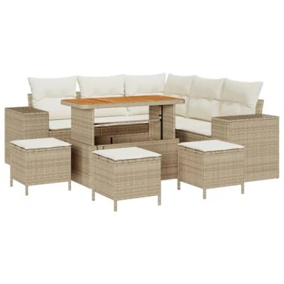 Afbeelding van vidaXL 9 delige tuin sofa set met kussens Beige Poly Rattan Acacia