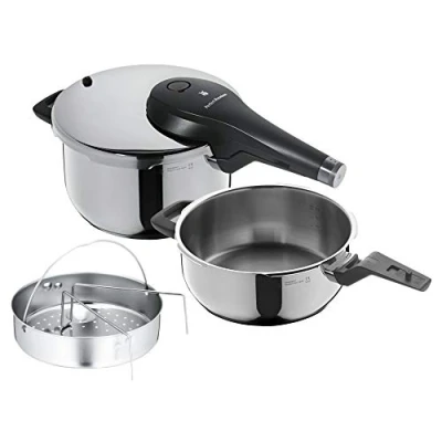 Afbeelding van WMF Perfect Premium Snelkookpannenset, 3 Delig, 4,5 L en 3,0 met Inzetset, Roestvrij Staal, Zilver