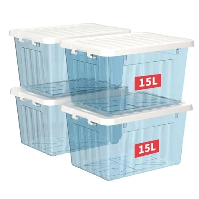 Afbeelding van Cetomo 15L x 4 opbergdozen met deksels, plastic opbergbakken vergrendelende gespen, kliksluiting, stapelbaar, nesten, organizer voor thuiskantoorkleding, helder blauw, Pack