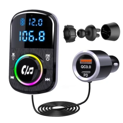 Afbeelding van GizmoVine FM zender voor auto, draadloos, handsfree, MP3 muziekspeler, autoradio adapter met QC3.0 &amp; USB C snelladen, ondersteuning SD poort, kabel 1,1 m