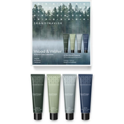 Afbeelding van Skandinavisk Wood &amp; Water Gift Set met 4 Mini Handcrèmes. SKOG &#039;Wald&#039;, FJORD, ØY &#039;Eiland&#039; en HAV &#039;Meer&#039;. Veganistische formule, 30ml x