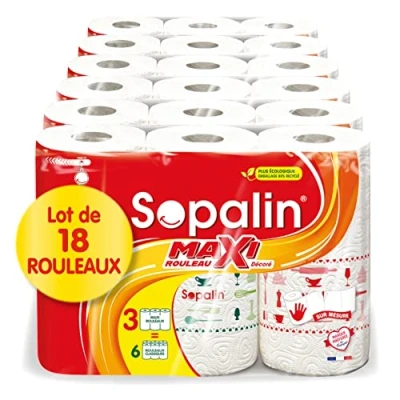 Afbeelding van Sopalin Maxi rollen gedecoreerd x18 = 36 klassieke 3 laags halve vellen verpakking 80% gerecycled kunststof FSC gecertificeerd papier, gemengd