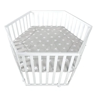 Afbeelding van roba Houten Zeshoekige Speelbox &#039;Little Stars&#039; Met Inzetstuk en Wielen Rem In Hoogte Verstelbare Bodem Wit