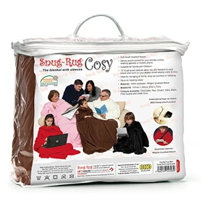 Afbeelding van Snug Rug Cosy, gezellig tapijt gezellig, fleece deken met mouwen en een mobiele telefoon zak chocolade bruin
