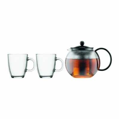 Afbeelding van Bodum K1805 01 Assam Set, theemaker met roestvrijstalen filter 1 L en 2 stuks kopjes, glas, 0,35 L, zwart