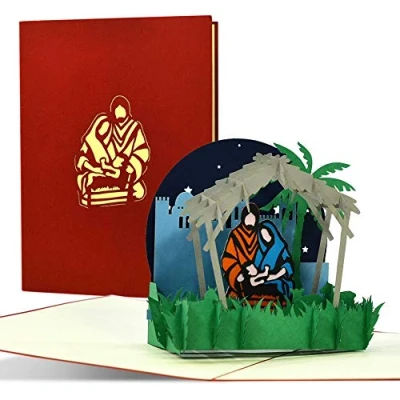 Afbeelding van Christelijke kerstkaart 3D pop up met kerststal, wenskaart voor adventstijd en Kerstmis, origineel cadeau idee bijvoorbeeld een geldcadeau, W36