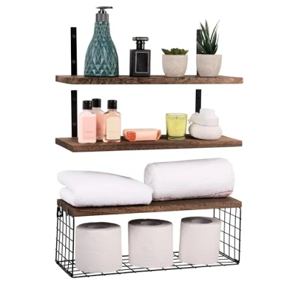 Afbeelding van Belle Vous 3 Pak Bruin Houten Zwevende Planken 42 cm Lang Rustieke Muur Gemonteerde Opslag Set met Mand voor Slaapkamer, Woonkamer, Keuken, Badkamer of Kantoor