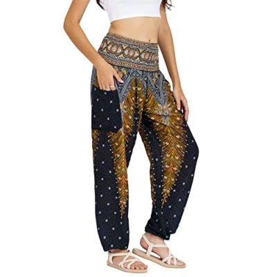 Afbeelding van LOFBAZ Harembroek voor Vrouwen Yoga Boho Hippie Kleding Dames Palazzo Bohemien Pyjama Strand Indiase Zigeuner Genie Pauw 1 Zwart M