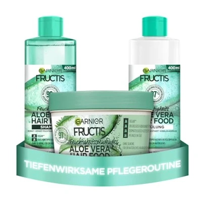 Afbeelding van Garnier Haarset voor droog haar met aloë vera, 3 in 1 masker, shampoo en conditioner, zorgeloze anti kroesverzorging, Fructis Hair Food Set, x 400 ml