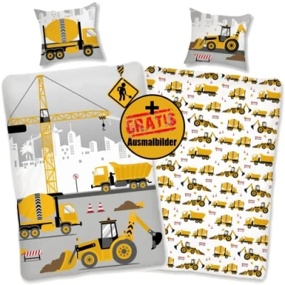 Afbeelding van SkyBrands beddengoed 135x200 jongen kinderbeddengoed 80x80 kussensloop [katoen] graafmachine bouwplaats