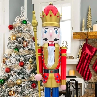 Afbeelding van CDL 152,4 cm lang levensgroot groot / gigantische rode kerst houten notenkraker koning ornament op standaard houdt gouden scepter voor binnen buiten kerstmis evenement/ceremonie/commerciële