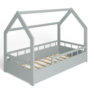 Afbeelding van MS FACTORY Huisbed 80x160 cm Kinderbed met valbeveiliging Dennenhouten bed lattenbodem Halve Barrière Grijs