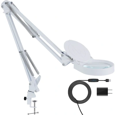 Afbeelding van Earkings Loeplamp Vergrootglas met Verlichting LED inclusief Tafelklem en 3 Lichtkleuren Loep Vergroot 3x tot 10x is 360 Graden draaibaar Wit