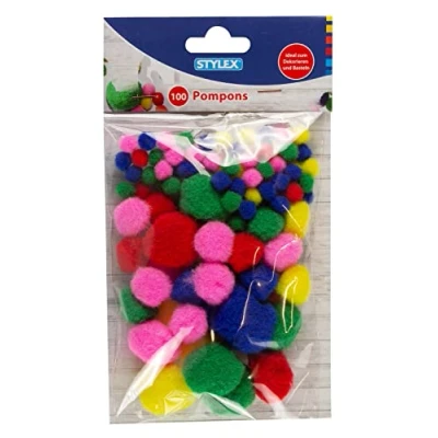 Afbeelding van Stylex 46467 Pompons, 100 pluizige balletjes gesorteerd in verschillende maten en kleuren, ideaal voor kleurrijke knutselwerken