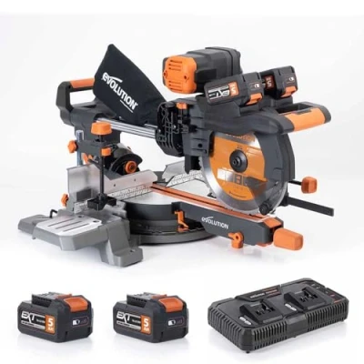 Afbeelding van Evolution Power Tools R255SMS DB Li Cordless Double Angled Sliding Mitre Saw 2x 18v Ion EXT Including Blade for Multiple Materials, Saws Wood, Metal, Plastic and More,255mm
