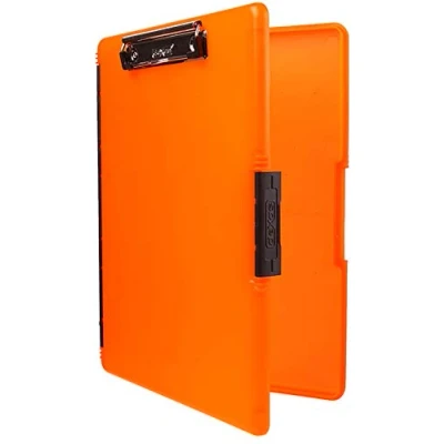 Afbeelding van Dexas Slimcase klembord met 2 opbergvakken en opening aan de zijkant, neonoranje, kantoorbenodigdheden klemborden voor het organiseren, dragen opbergen, A4 houder, combineer stijl