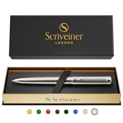 Afbeelding van Scriveiner balpen van roestvrij staal, adembenemende luxe met roestvrijstalen afwerking, Schmidt Black Mine, beste balpencadeauset voor mannen en vrouwen, beroep, leiding, kantoor