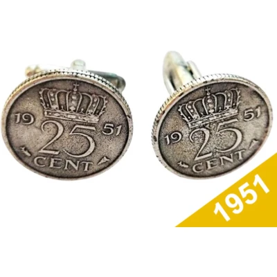Afbeelding van Manchetknopen Kwartje 1951 Verzilverd Uniek en Stijlvol Sieraad met Jaartal Cadeau Geboortejaar Alle Jaartallen Beschikbaar Doorsnede 1,8 cm