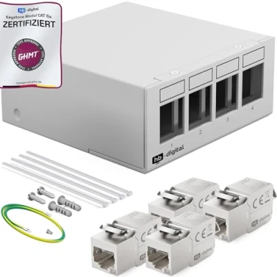 Afbeelding van HB DIGITAL 4 poorts patchpaneel, patchveld, verdelerveld, 1HE 4x CAT 6a RJ45 Keystone Jack module, GHMT gecertificeerd, volledig afgeschermd STP 10 Gbps, compatibel met installatiekabel, netwerkkabel,