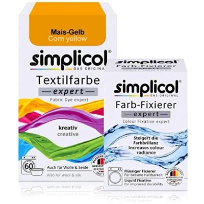 Afbeelding van simplicol Textilfarbe expert + Farbfixierer Kombipack, Mais Gelb 1701: Farbe für Waschmaschine oder manuelles Färben