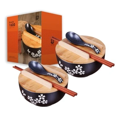 Afbeelding van zaqiming Japanse ramenkom 1000 ml zwarte keramische noedels kommen voor soep, pasta, salade en ontbijtgranen, vaatwasmachinebestendig magnetronbestendig (2 stuks)