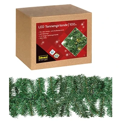 Afbeelding van Idena 31870 LED dennenkrans met 100 in warm wit, 8 uur timerfunctie en transformator, ca. 5 m lang, voor binnen buiten, als decoratie de adventstijd Kerstmis