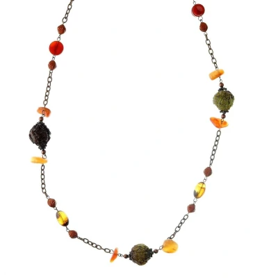 Afbeelding van Behave Lange ketting rosè goud kleur met bruine kralen 110 cm