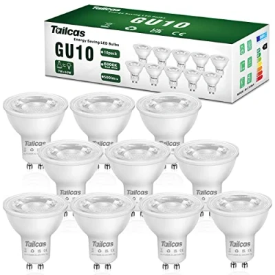 Afbeelding van Tailcas 10 x GU10 LED gloeilamp, 7 W, koudwit 6000 K, komt overeen met 50 500 lumen, AC 100 240 V, niet dimbaar, flikkert niet, stralingshoek 38 graden