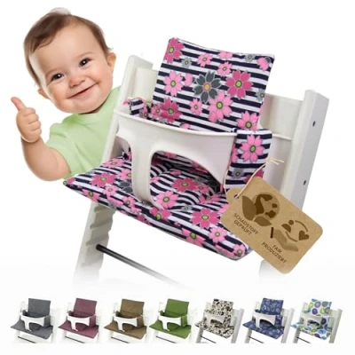 Afbeelding van BAMBINIWELT Vervangende hoes, zitverkleiner, compatibel met Stokke Tripp Trapp voor kinderstoel, design (strepen, roze bloemen)