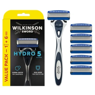 Afbeelding van Wilkinson Sword Hydro 5 scheerapparaat voor mannen, scheergreep + 6 scheermesjes, hydraterende gel zwembaden en inklapbare trimmer