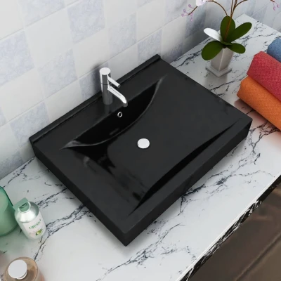 Afbeelding van Wastafel met kraangat rechthoekig 60x46 cm keramiek zwart