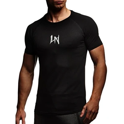 Afbeelding van Leif Nelson Sport T shirt heren fitnesshemd trainingshemd ronde hals LN 8041N, Zwart grijs, XL
