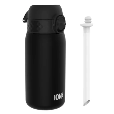 Afbeelding van Ion8 Kinder Waterfles Met Rietje, 350 ml/12 oz, Lekvrij, Makkelijk te Openen, Veilige Sluiting, Vaatwasserbestendig, BPA vrij, Draaghendel, Hygiënische Klapdeksel, Schoon Maken, Zwart