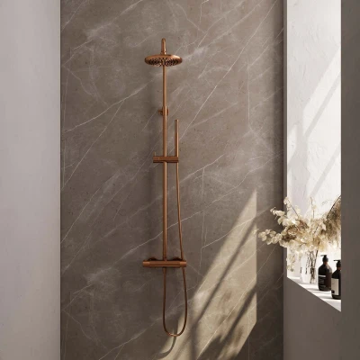 Afbeelding van Brauer Copper carving Regendoucheset opbouw hoofddouche 20cm glijstang handdouche staaf 1 stand knoppen PVD geborsteld koper