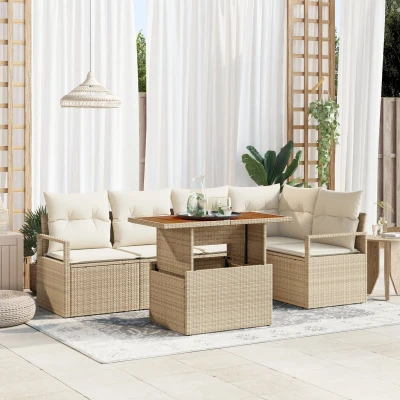 Afbeelding van vidaXL 6 delige Tuin Sofa Set met Kussens Beige Poly Rattan Acacia, 2 zits