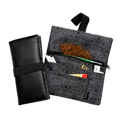 Afbeelding van GUGGIARI® tabakstas voor sigarettenpapier en filter van stof PU leer dames heren met geheim vak. (Black Dèco)