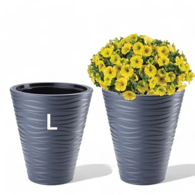 Afbeelding van MELTOM Bloembak, rond, met uitneembare inzetstuk, 3D effect, golven, antraciet, maat L
