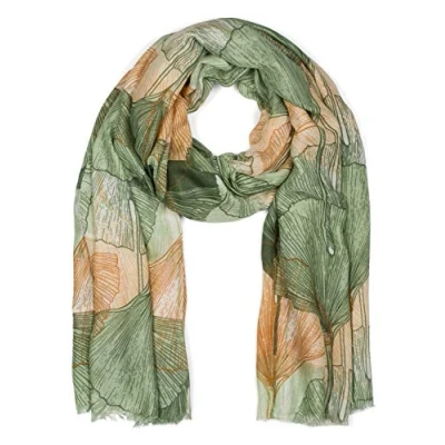 Afbeelding van styleBREAKER dames sjaal met gekleurde ginkgo bladeren patroon print en korte franjes, lichte sjaal, stola 01016208, Kleur:Groen Bruin