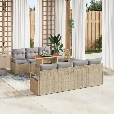 Afbeelding van vidaXL 8 delige tuinbankset met kussens Beigekleurig poly riet acacia, 2 zits tuinbank