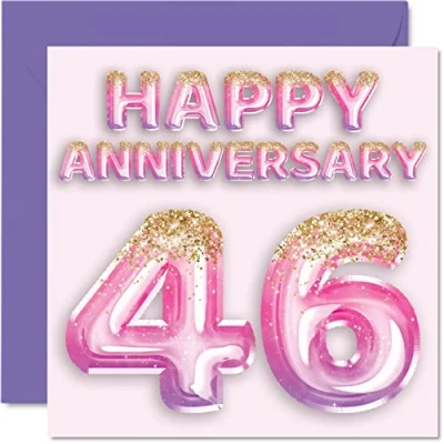 Afbeelding van Mooie 46e verjaardag kaart voor vrouw vriendin man vriend roze paarse glitter ballonnen Happy 46 Anniversary Cards uit Family, 145 mm x wenskaarten zesenveertigste jubilea
