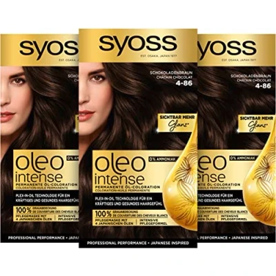 Afbeelding van Syoss Oleo Intense Olie Coloration 4 86 chocoladebruin, stand 3 (3 x 115 ml), duurzame haarkleur met voedende olie, kleuring zonder ammoniak