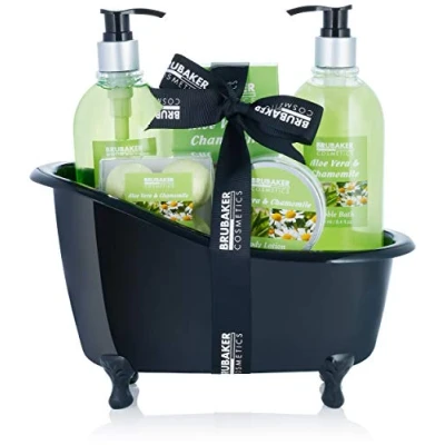 Afbeelding van BRUBAKER Cosmetics Bad en Doucheset Cadeautip Vrouw Aloë Vera Camomile met Decoratie Badkuip Verwenpakket Cadeau Geschenkset Zwart 9 stuks