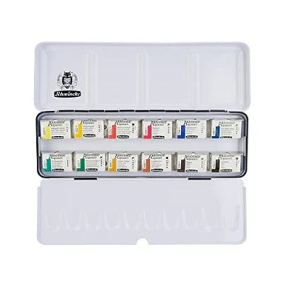 Afbeelding van Schmincke AKADEMIE Aquarelverfdoos, basisassortiment 12 x 1/1 wells, 75 312 097, metalen doos, zeer lichtechte tinten, fijne kunstschilders aquarelverf