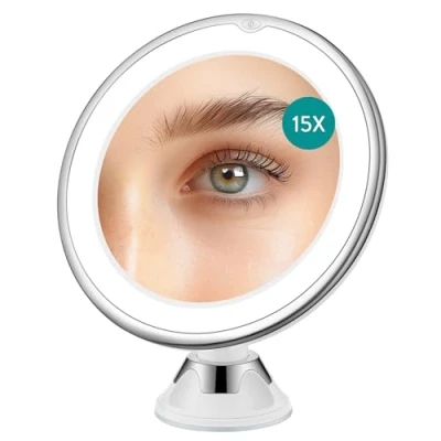 Afbeelding van Navaris LED make up spiegel met verlichting Vergrootspiegel zuignap 360 draaibaar Scheerspiegel 15x vergroting Handspiegel wit