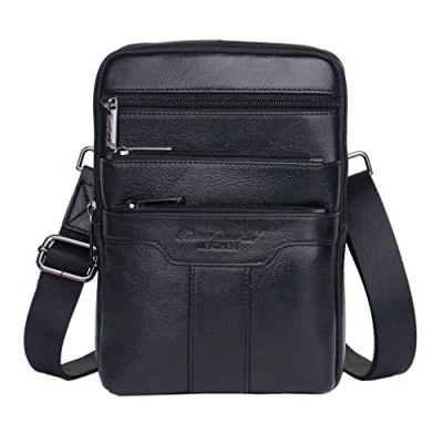 Afbeelding van Lederen schoudertas voor mannen Reizen Zakelijk Klein Crossbody pakket Portemonnee Telefoonzakje Purse Pocket Dagrugzak zwart