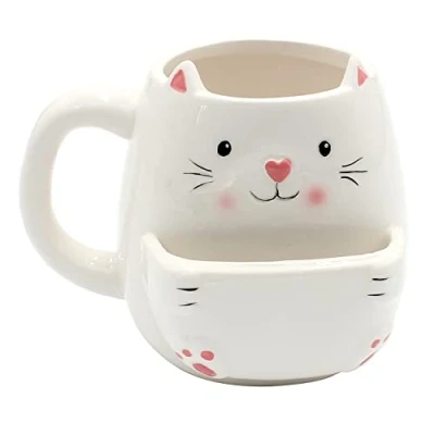 Afbeelding van Dekohelden24 Koffiemok koffiekop met koekjesvak van keramiek motief: kat grootte: ca. H/Ø: 10 x 7 cm/inhoud: 300ml, wit, cm