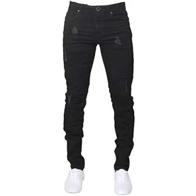 Afbeelding van Enzo Mens Super Skinny Fit Jeans Stretch Ripped Biker Denim Broek Alle Taille Benen, Zwart, 32W / 34L