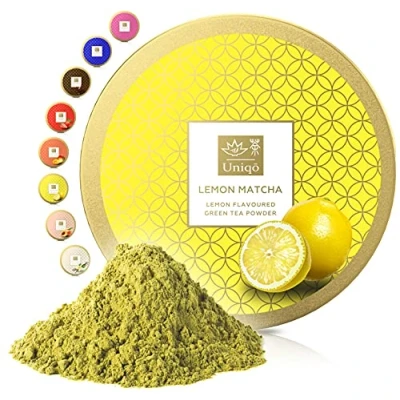 Afbeelding van Tea Uniqo Citroen Matcha poeder, ideaal voor ijs, latte, shakes, om te bakken, koken of puur drinken, groene theepoeder met citroensmaak, 100% natuurlijk in hersluitbare doos