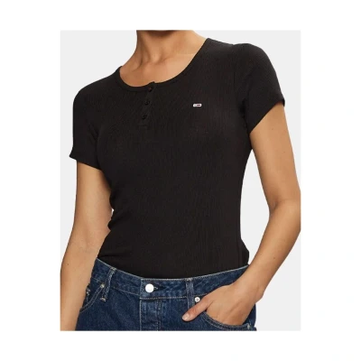 Afbeelding van Tommy Jeans SLIM Button C NECK Tshirt basic, Dames, Maat: 40, Black