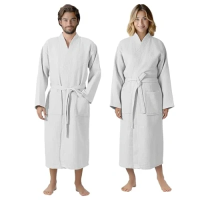 Afbeelding van HOMELEVEL Piqué Badjas Reizen 100% katoen voor Vrouwen en Mannen aankleden toga Kimono Saunarobe Piquee Wafel Wit Maat L